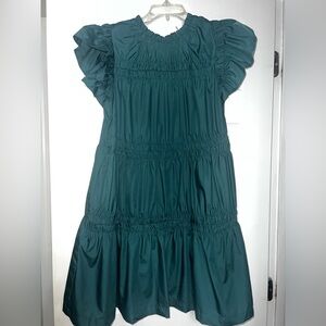 Entro Teal Ruffled Sleeve Smocked Tiered Dress